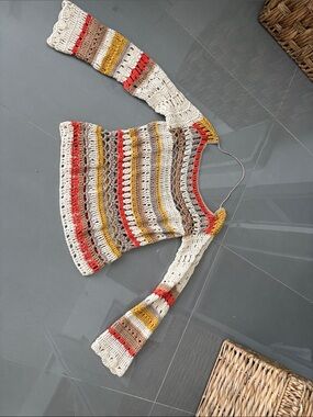 Crochet Stripe Long-Sleeve Top in Cream, Mustard & Coral